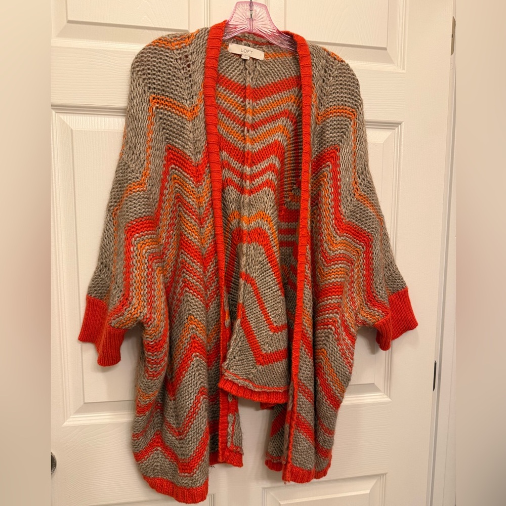 LOFT Chevron Knit Poncho - Orange, and Gray
